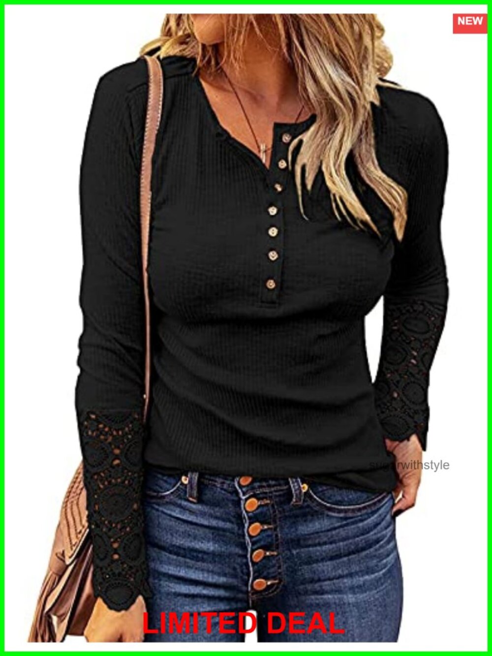 Womens Lace V Neck Button Down Henley Long Sleeve Tunic Top Blouse